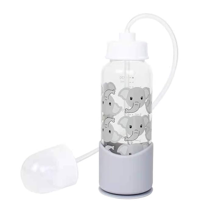 Hands-Free Baby Bottle - Anti-Colic Nursing System 7 oz Baby Bottle with Fast Flow Nipple/Teat 3m+ with Tube Straw Feeding System for Toddler 1 Year+ (1 Bottle - Elephant)