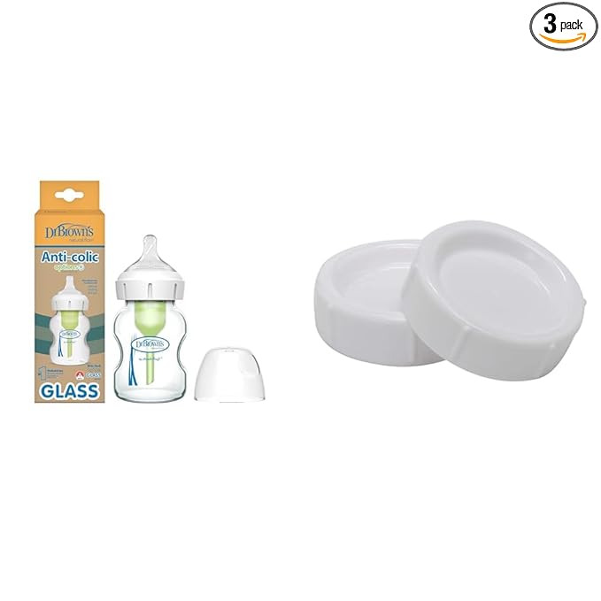 Dr. Brown's Natural Flow Anti-Colic Options+ Wide-Neck Glass Baby Bottle 5 oz, Level 1 Slow Flow Nipple 1 Pack with Storage/Travel Caps 2 Pack