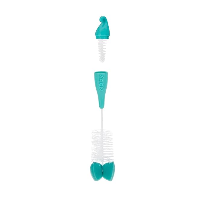 Nuby Bottle and Nipple Brush with Bristles and Sponge Tip | 3 Pack: Aqua, Blue, Green | Hanging Handle with Hook for Drying