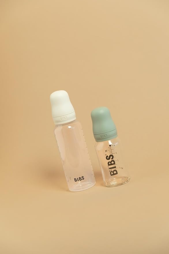 BIBS Baby Glass Bottle. 4 US fl oz / 120 ml. Anti-Colic. Vented Round Natural Rubber Latex Nipple. Supports Natural Breastfeeding, Slow Flow, Complete Set - Ivory