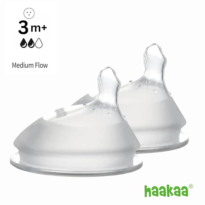Haakaa Generation 3. Silicone Baby Bottle Nipples, Orthodontic, Anti-Colic, Wide Neck, 100% Medical Grade Silicone, Fit All Haakaa Baby Bottles, 2 PK (Size M (3-6 m))
