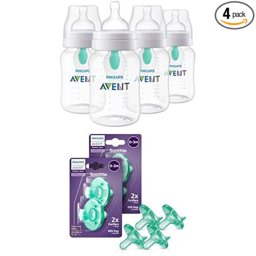Bundle of Philips Avent Anti-Colic Baby Bottle with AirFree Vent, 9oz, 4pk, Clear, SCY703/04 + Philips Avent Soothie 0-3 Months Orthodontic Baby Pacifiers, BPA-Free, Green, 4 Pack, Model SCF190/41