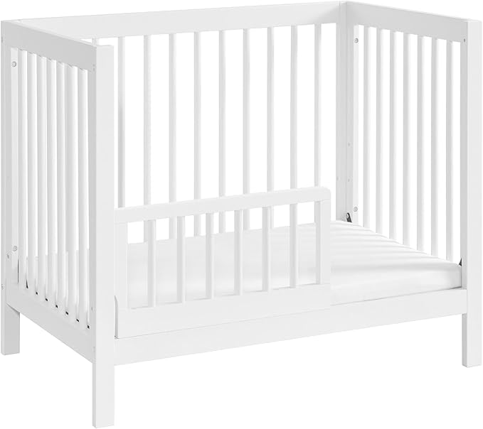 Oxford Baby 2 PC Nursery Set Essentials Island Mini 4-in-1 Convertible Baby Crib with Round Spindles, White Essentials Mini Crib to Toddler Bed Guard Rail Conversion Kit, White