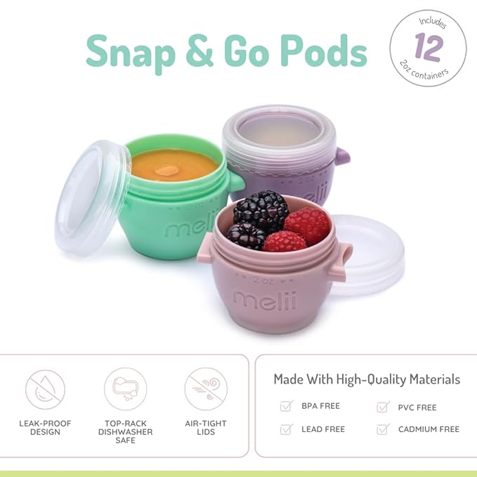 melii Snap & Go Baby Food Storage Containers |12 Pack 2 oz, Stackable Freezer Containers with Airtight Lids, BPA-Free, Reusable Snack Cups for Purees, Meal Prep & On-the-Go