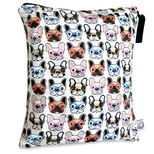 FLOCK THREE Washable and Reusable Wet Bag Diaper Bag Water Resistant Swimming Bag Travel Toiletries Pouch Pugs Dog Print Zippered 12.6'' x 16.5''