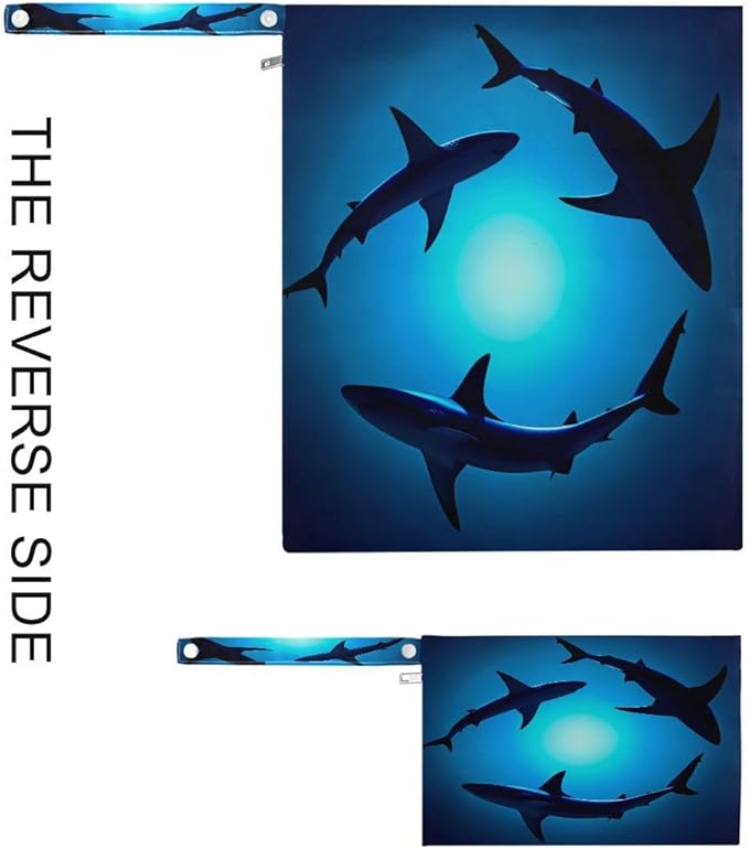 Qilmy 2pcs Sea Shark Wet Dry Bag Waterproof Reusable Baby Cloth Diaper Organizer for Travel, Beach, Stroller, Diapers, Swimsuits, Toiletries