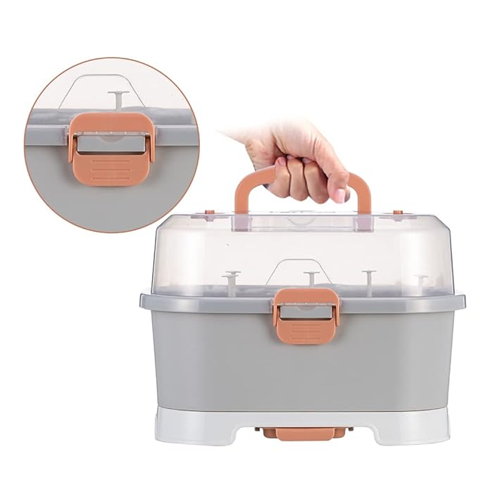 Baby Bottle Drying Rack Storage, Large Nursing Bottle Storage Box Organizer with Cover, Portable Kitchen Cabinet Organizer, Easy to Clean Drainer, Grey