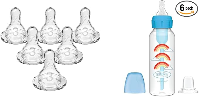 Dr. Brown's Natural Flow Level 3 Narrow Baby Bottle Silicone Nipple 6 Pack and Anti-Colic Options+ Narrow Sippy Bottle Starter Kit with Level 3 Nipple and Silicone Sippy Spout, Blue