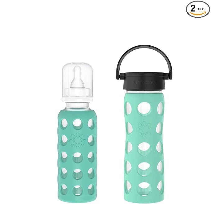 Lifefactory Baby & Me Glass Bottle Gift Set (1) 9-Ounce Baby Bottle Kale, (1) 16-Ounce Glass Bottle Sea Green