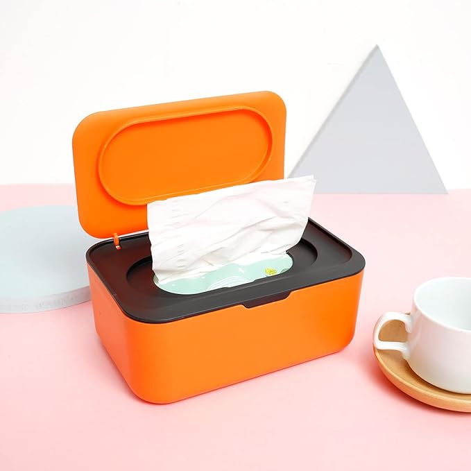 Wipes Dispenser Baby Wipe Holder, Dustproof Refillable Wipe Container Large Capacity Tissues Wipes Case with Moisture Seal Secure Lids Keeps Wipes Fresh for Home Office Bathroom (Orange Black)