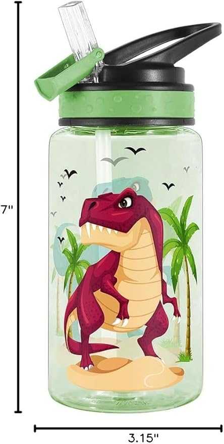 15oz Water Bottle for Kids Girls Boys School, BPA Free, Leak Proof Flip Straw, Carry Loop, Easy Clean - Dinosaur