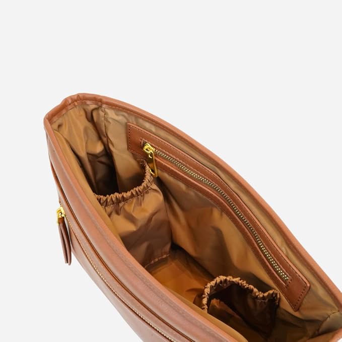 FAWN DESIGN The Stroller Caddy, Premium Matte Faux Leather Stroller Organizer with Cup Holder, Brown Diaper Bag with Adjustable Stroller Straps, 2 Exterior Pockets 1 Zipper Pocket, 14x 5x 7 inches