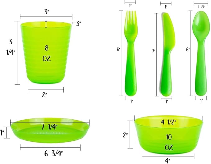 Kids Plastic Dinnerware Set of 72 Multi Color Pieces (Plates, Bowls, Cups and Flatware) - Reusable, BPA-Free, Dishwasher Safe and Microwaveable