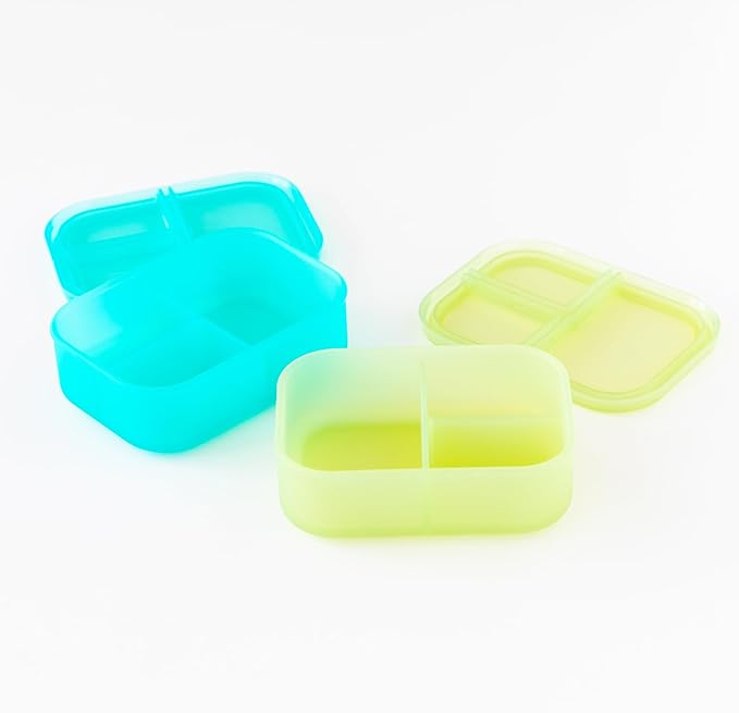 Bumkins - Silicone Bento Box - 3 Sections & Leak-Proof Lid - Food Safe - Set of 2 - Washable, Microwave, Freezer & Dishwasher Safe - Blue & Green