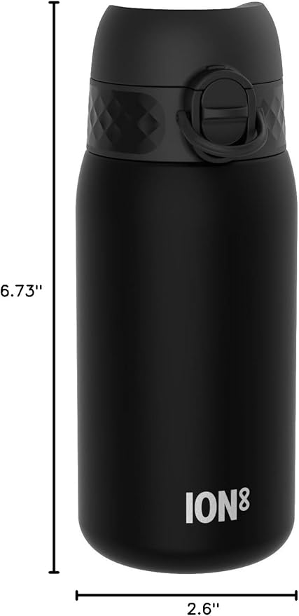 Ion8 Small Water Bottle, 350 ml/12 oz, Leak Proof, Easy to Open, Secure Lock, Dishwasher Safe, BPA Free, Carry Handle, Hygienic Flip Cover, Easy Clean, Odor Free, Carbon Neutral, Black