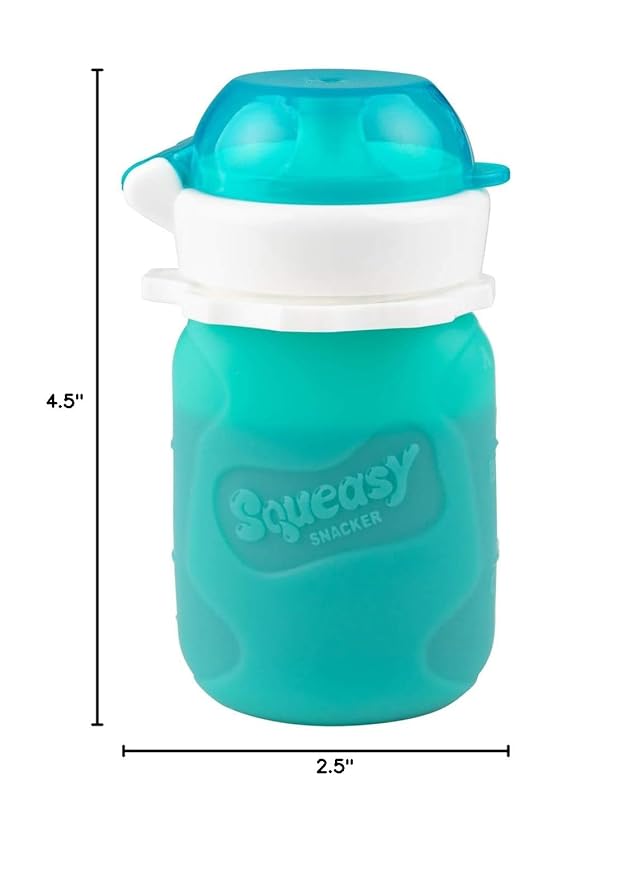 Aqua 3.5 oz Squeasy Snacker Spill Proof Silicone Reusable Food Pouch - for Both Soft Foods and Liquids - Water, Apple Sauce, Yogurt, Smoothies, Baby Food - Dishwasher Safe
