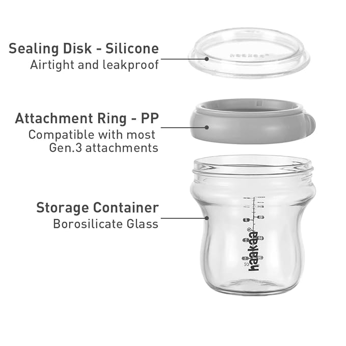 haakaa Glass Baby Food Storage Jar- Food Storage Container Airtight Lid-Wide Neck Gen.3 Baby Bottle -Leakproof BPA-Free 0m+ Newborn Baby - BPA-Free (Grey, 6.3oz/180ml, 1 pc)