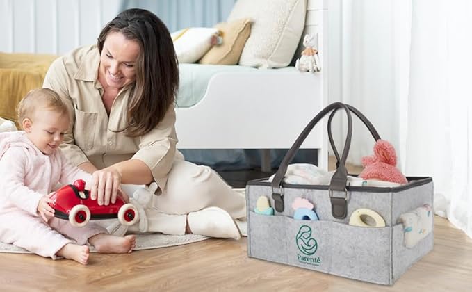 Diaper Caddy Organizer for Baby Essentials, Portable Nursery Storage Bin with Handles, Large Capacity for Diapers, Wipes, Toys, Changing Table or Car, Felt Diaper Organizer