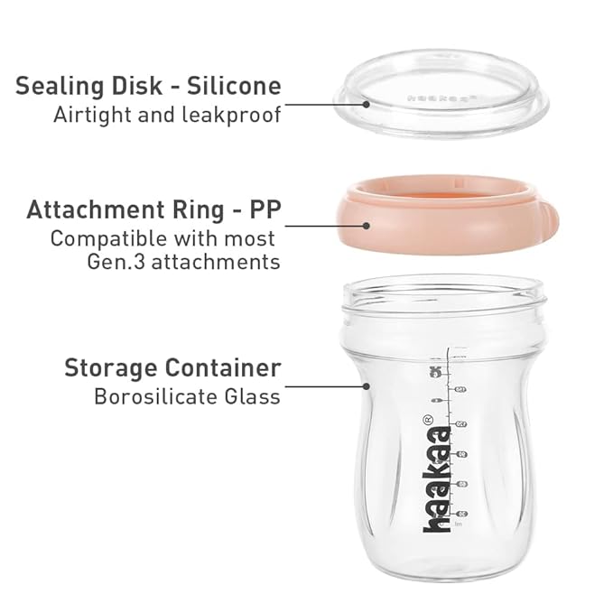 haakaa Glass Baby Food Storage Jar- Food Storage Container Airtight Lid-Wide Neck Gen.3 Baby Bottle -Leakproof BPA-Free 0m+ Newborn Babies(Peach, 6.3oz/180ml)
