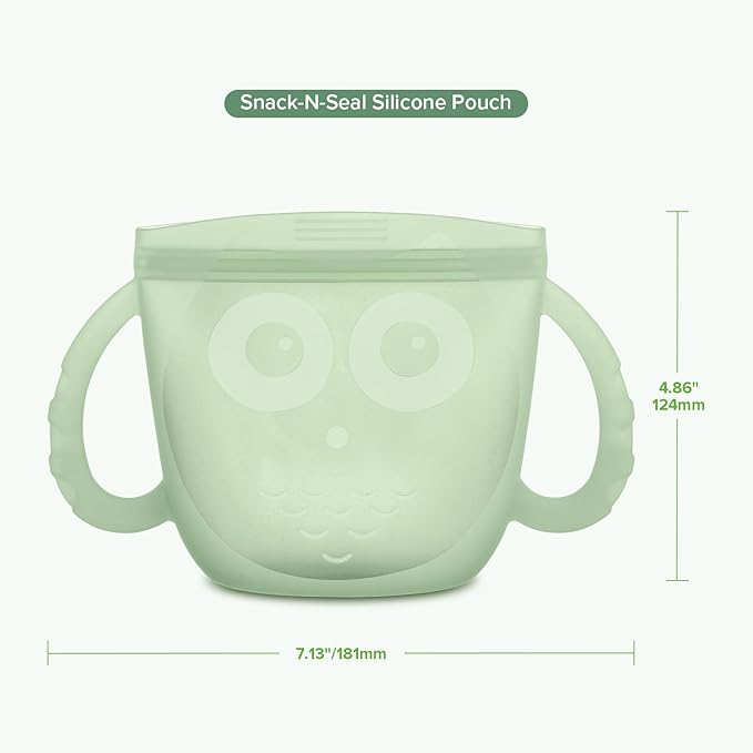 Haakaa Oscar Owl Baby Snack Container-Silicone Travel Snack Pouch for Toddlers,Spill Proof Toddler Snack Cup, Reusable Snack Bags for Infant On-The-Go,BPA Free- Pea Green