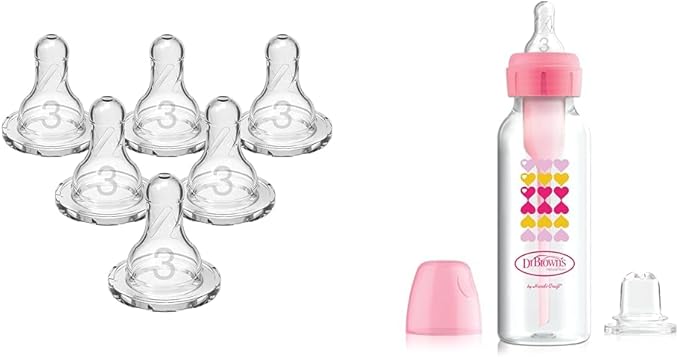Dr. Brown's Natural Flow Level 3 Narrow Baby Bottle Silicone Nipple 6 Pack and Anti-Colic Options+ Narrow Sippy Bottle Starter Kit with Level 3 Nipple and Silicone Sippy Spout, Pink