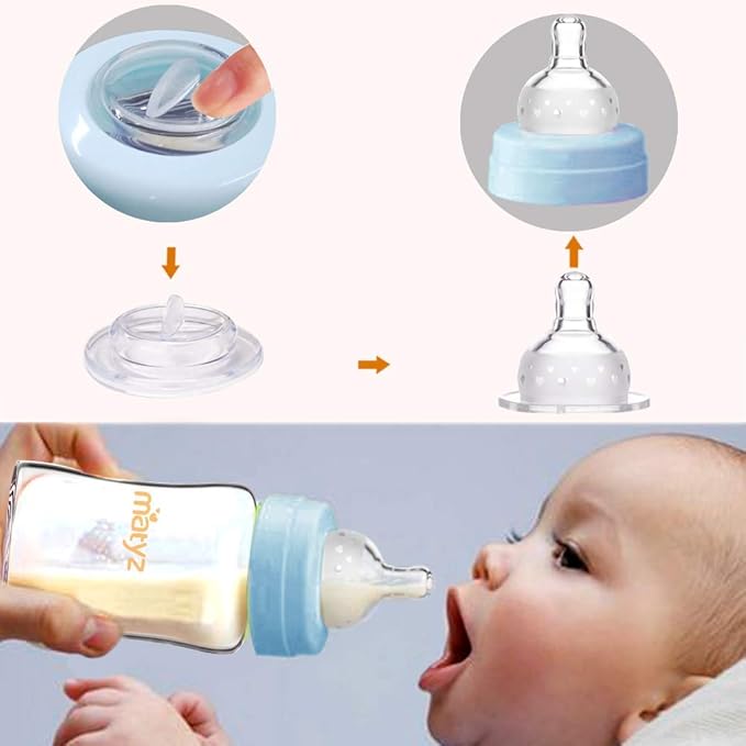 Matyz Glass Breastmilk Storage Bottles, 6 Pack, 6 oz, Sturdy Glass Bottle for Milk Freezing and Baby Feeding - Pumping Bottle for Philips Medela Spectra Breast Pumps - No BPA (3 Green & 3 Blue Lids)