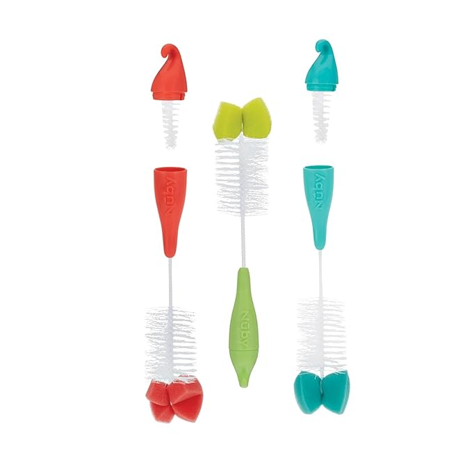 Nuby Bottle and Nipple Brush with Bristles and Sponge Tip | 3 Pack: Aqua, Blue, Lime or Aqua, Coral, Lime | Hanging Handle with Hook for Drying