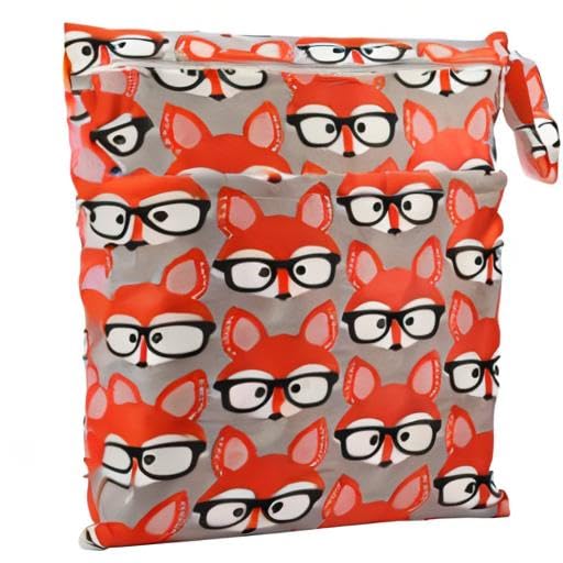 Medium Wet Dry Bag Baby Cloth Diaper Nappy Insert Bag Reusable Washable With Two Zippered Pockets (Glasses Fox)