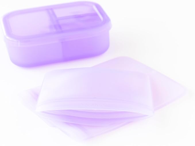 Bumkins - Silicone Bento Box & Reusable Snack Bag Set - 3 Sections & Leak-Proof Lid - Food Safe - 2 Zip Bags - Washable, Microwave, Freezer & Dishwasher Safe - 3 pack - Purple