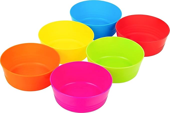 PLASKIDY Plastic Toddler Bowls Set of 6 - 10 Oz Kids Bowls, Microwave & Dishwasher Safe, BPA Free, Brightly Colored, Great for Cereal, Soup, Snack, Fruit or Salad