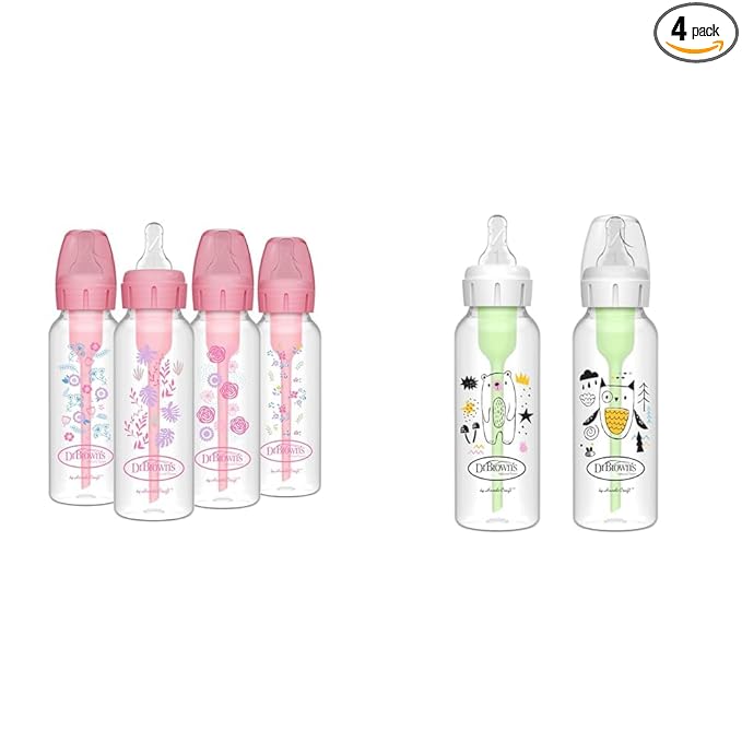 Dr. Brown's Anti-Colic Options+ Narrow Baby Bottles, Floral & Bear/Owl Designs, 8oz/250mL, Level 1 Slow Flow Nipples, 4 & 2-Packs, 0m+