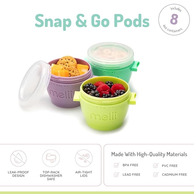 melii Snap & Go Baby Food Storage Containers | 8 Pack 4 oz, Stackable Freezer Containers with Airtight Lids, BPA-Free, Microwave Safe, Reusable Snack Cups for Meal Prep & On-the-Go