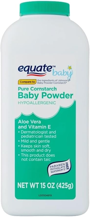 Equate Pure Cornstarch Baby Powder Aloe and Vitamin E- Talc-Free (2 Pack - 15 oz)