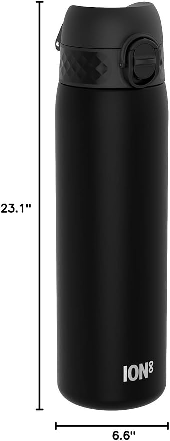 Ion8 Water Bottle, 500 ml/18 oz, Leak Proof, Easy to Open, Secure Lock, Dishwasher Safe, BPA Free, Hygienic Flip Cover, Carry Handle, Fits Cup Holders, Easy Clean, Odor Free, Carbon Neutral, Black