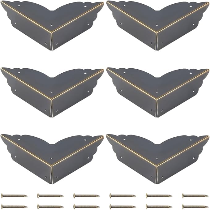 CRASPIRE 6Pcs 2.7"X2.7" Vintage Furniture Corner Protectors Bronze Metal Decorative Guard Cabinet Bumpers Edge Corner Protectors with Screws for Cupboard Table Desk Jewelry Box Gift Wooden Case