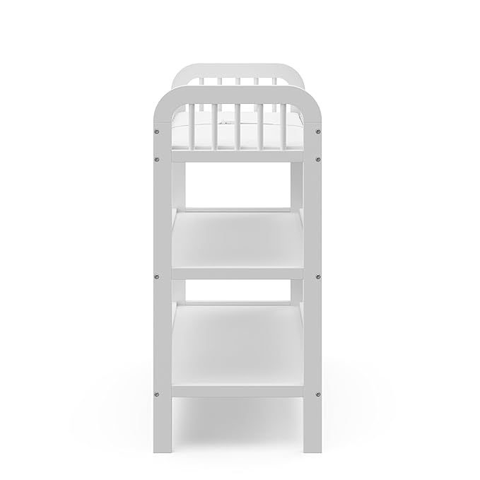 Storkcraft Pasadena Changing Table with Water-Resistant Changing Pad (White) - GREENGUARD Gold Certified, Includes Bonus Water-Resistant Changing Pad with Safety Strap, 2 Open Shelves