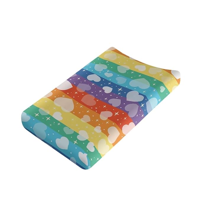 Rainbow Stripe Heart Changing Pad Cover for Baby Girls Boys Comfort Diaper Change Table Pad Covers Soft Changing Pad Sheets