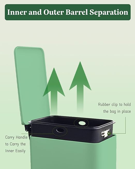 8 Gallon Stainless Steel Trash Can with Lid, Narrow Kitchen Trash Can with Removal Inner Bucket, Soft Close, Step Trash Bin, Metal Garbage Can for Bathroom, Kitchen, Office, 30L, Green