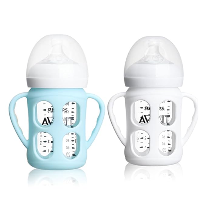2 Pack Silicone Sleeves for Philips Avent Glass Natural Baby Bottles 4oz and 8oz, Anti Breakage Baby Bottle Holder with Handle, Feeding Bottle Handle (Blue)