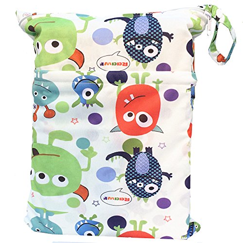 Medium Wet Dry Bag Baby Cloth Diaper Nappy Insert Bag Reusable Washable With Two Zippered Pockets (Monster)
