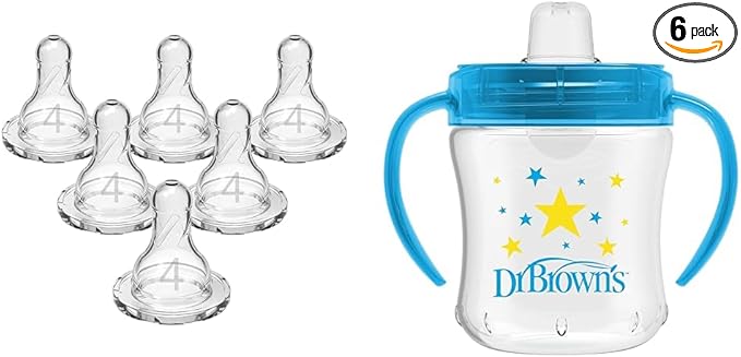 Dr. Brown's Natural Flow Level 4 Fast Flow 100% Silicone Baby Bottle Nipples, 6 Pack and Transition Sippy Cup with Soft Spout, 6 oz, Blue, 6m+