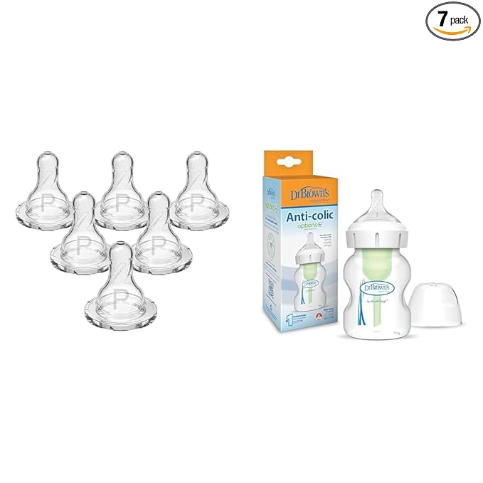 Dr. Brown's Natural Flow Preemie & Anti-Colic Options+ Wide-Neck Baby Bottles with Slowest & Slow Flow Silicone Nipples, 6 Count & 5 oz