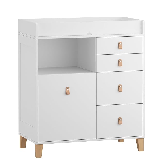 Timechee Baby Changing Table Dresser, 33.5" Baby Nursery Dresser with Drawers & Shelf, Wooden Storage Cabinet Chest w/Changing Station for Infant Kids Bedroom, White