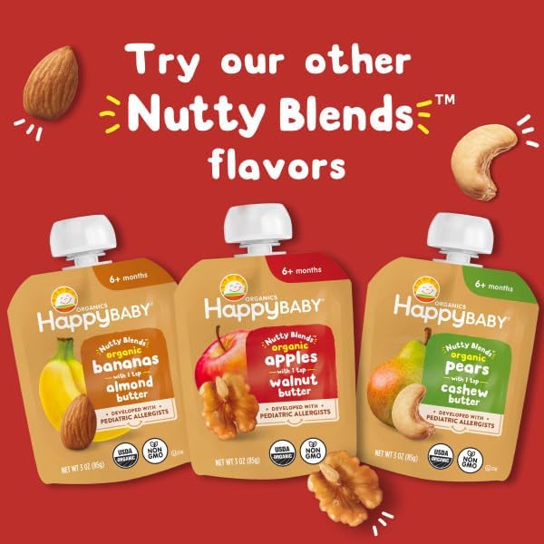 Happy Baby Organics Stage 2 Baby Food Pouches, Gluten Free, Vegan Snack, Nutty Blends, Pears & Cashew Butter, 3 Ounce (Pack of 12)