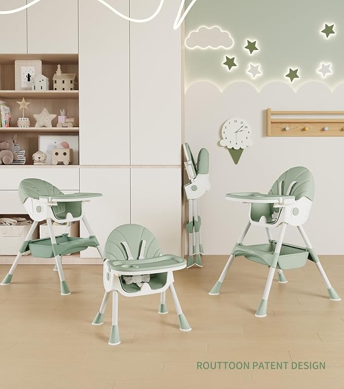Baby High Chair, 5 in 1 High Chairs for Babies and Toddlers, Travel Foldable High Chair with Detachable PU Cushion, Double Removable Tray, Adjustable Height & Recline, Locking Wheels (Turquoise)