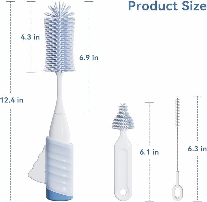 Baby Bottle Brush Set, Innovative Efficient Press-to-Spin Brush Cleaner - Includes Silicone Bottle Brush, Nipple Brush, Straw Cleaner - Spinning Generates Rich Foam for Deep Cleaning, Blue