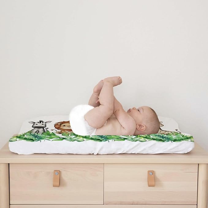 Baby Safari Animals Changing Pad Cover Cute Lion Elephant Giraffe Zebra Hippo Green Tropical Palm Leaves Change Table Pad Cover for Boys Girls Soft Stretch Fitted Diaper Changing Mat Sheets 32''x16''