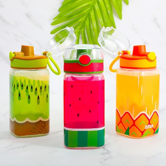 15oz Kids Water Drinking Bottle - BPA Free, Wide Mouth, Auto Flip Cap, Chug Lid, Easy Open, Lightweight, Leak-Proof Water Bottle with Cute Design For Girls & Boys - 3 Pack Fruit