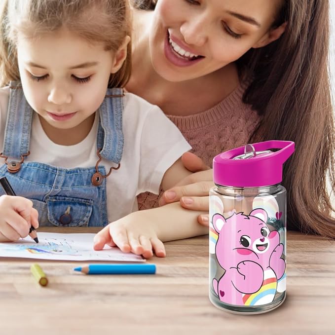 LOGOVISION Care Bears Kids Tritan Plastic Water Bottle with Straw Lid and Handle, Reusable Tumbler for Toddlers, Unisex for Girls and Boys, 12oz, Cheer Bear Belly Pattern