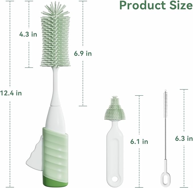 Baby Bottle Brush Set, Innovative Efficient Press-to-Spin Brush Cleaner - Includes Silicone Bottle Brush, Nipple Brush, Straw Cleaner - Spinning Generates Rich Foam for Deep Cleaning, Green